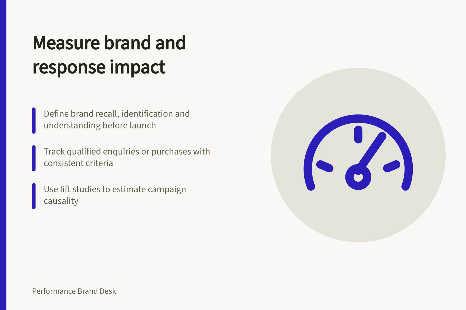 Measure brand and response impact: Define brand recall, identification and understanding before launch; Track qualified enquiries or purchases with consistent criteria; Use lift studies to estimate campaign causality