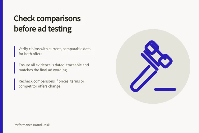 Check comparisons before ad testing: Verify claims with current, comparable data for both offers; Ensure all evidence is dated, traceable and matches the final ad wording; Recheck comparisons if prices, terms or competitor offers change. Checking comparative claims before an ad test