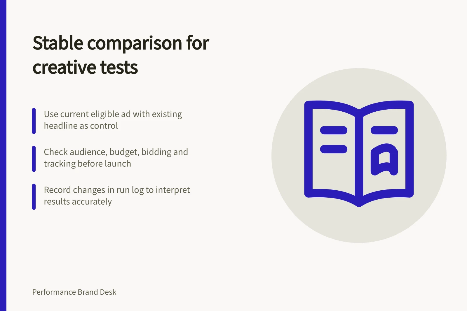 Stable comparison for creative tests: Use current eligible ad with existing headline as control; Check audience, budget, bidding and tracking before launch; Record changes in run log to interpret results accurately
