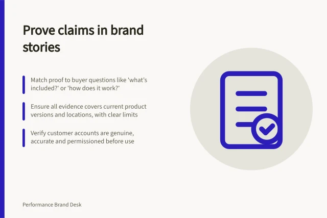 Prove claims in brand stories: Match proof to buyer questions like 'what’s included?' or 'how does it work?'; Ensure all evidence covers current product versions and locations, with clear limits; Verify customer accounts are genuine, accurate and permissioned before use. Choosing proof for a performance-oriented brand story