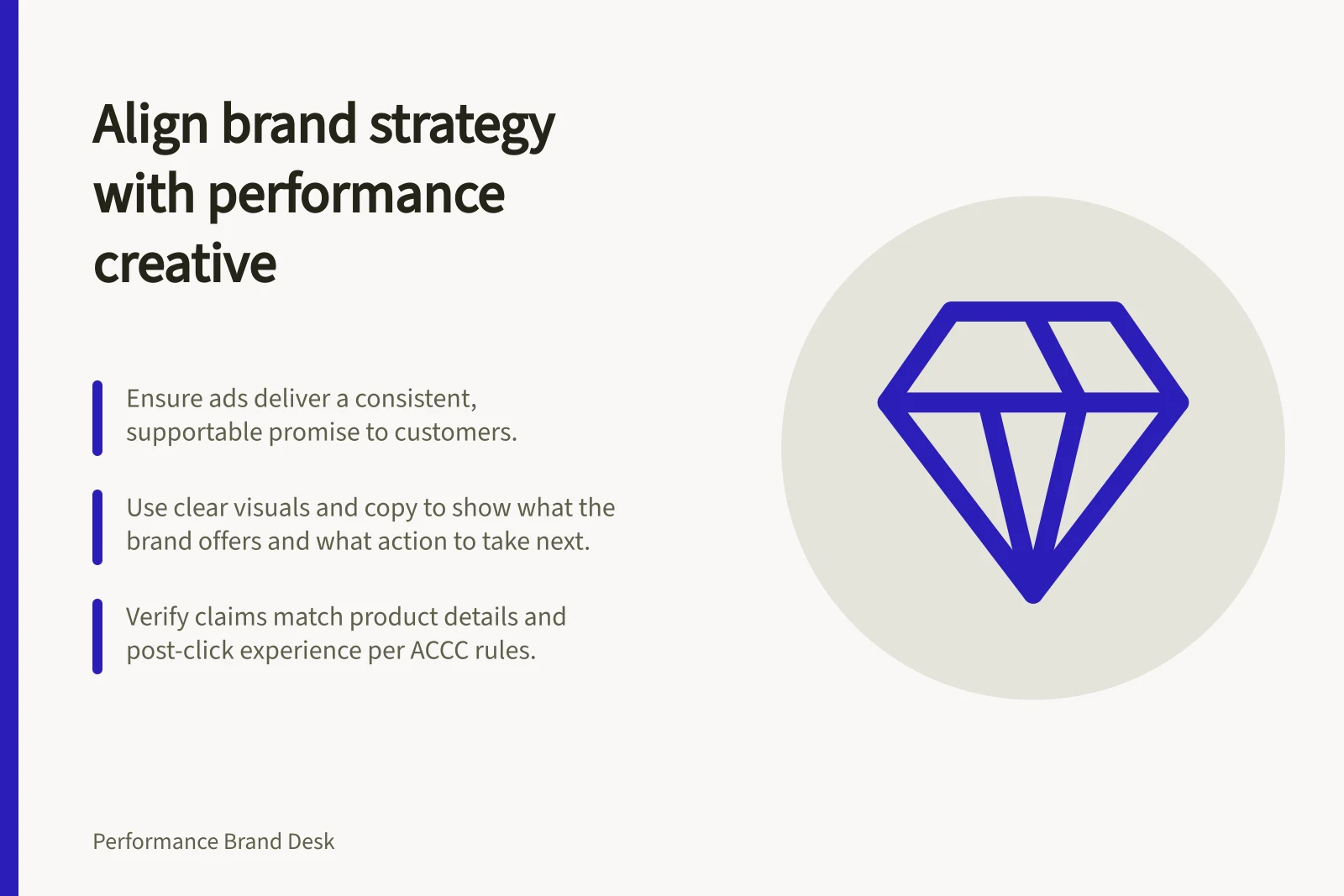 Align brand strategy with performance creative: Ensure ads deliver a consistent, supportable promise to customers.; Use clear visuals and copy to show what the brand offers and what action to take next.; Verify claims match product details and post-click experience per ACCC rules.