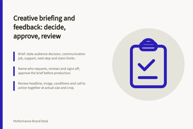 Creative briefing and feedback: decide, approve, review: Brief: state audience decision, communication job, support, next step and claim limits.; Name who requests, reviews and signs off; approve the brief before production.; Review headline, image, conditions and call to action together at actual size and crop. Creative briefing and feedback