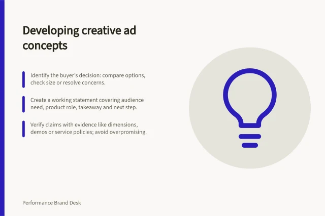 Developing creative ad concepts: Identify the buyer’s decision: compare options, check size or resolve concerns.; Create a working statement covering audience need, product role, takeaway and next step.; Verify claims with evidence like dimensions, demos or service policies; avoid overpromising. Creative concept development