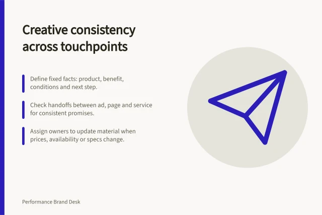 Creative consistency across touchpoints: Define fixed facts: product, benefit, conditions and next step.; Check handoffs between ad, page and service for consistent promises.; Assign owners to update material when prices, availability or specs change. Creative consistency across touchpoints