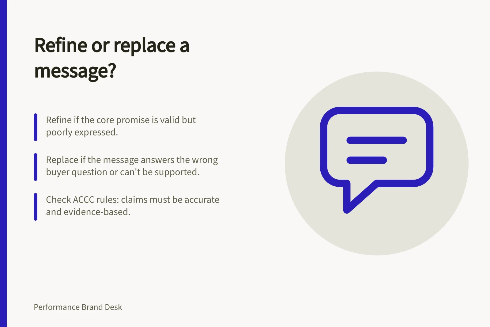 Refine or replace a message?: Refine if the core promise is valid but poorly expressed.; Replace if the message answers the wrong buyer question or can't be supported.; Check ACCC rules: claims must be accurate and evidence-based.