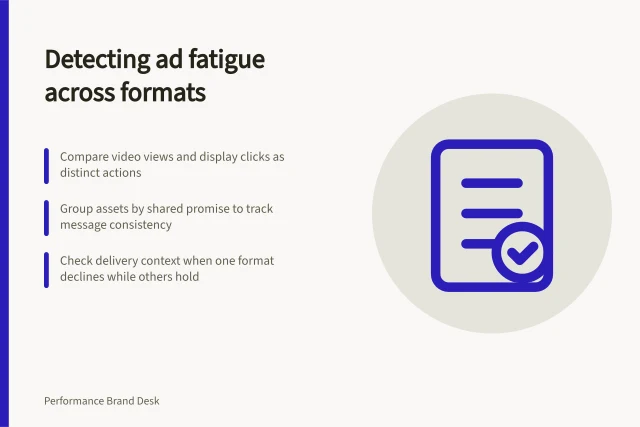 Detecting ad fatigue across formats: Compare video views and display clicks as distinct actions; Group assets by shared promise to track message consistency; Check delivery context when one format declines while others hold. Detecting fatigue across several creative formats
