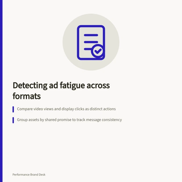 Detecting ad fatigue across formats: Compare video views and display clicks as distinct actions; Group assets by shared promise to track message consistency; Check delivery context when one format declines while others hold. Detecting fatigue across several creative formats