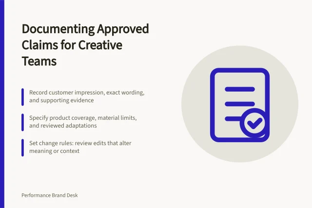 Documenting Approved Claims for Creative Teams: Record customer impression, exact wording, and supporting evidence; Specify product coverage, material limits, and reviewed adaptations; Set change rules: review edits that alter meaning or context. Documenting approved claims for creative teams