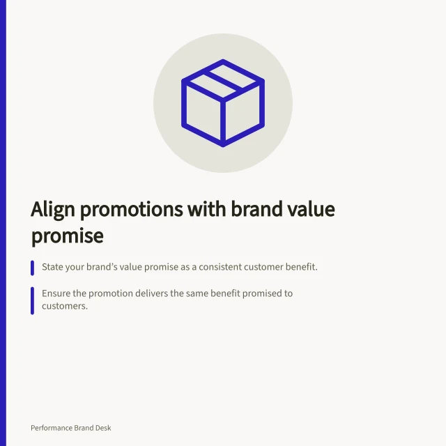 Align promotions with brand value promise: State your brand’s value promise as a consistent customer benefit.; Ensure the promotion delivers the same benefit promised to customers.; Verify the business can deliver the benefit and charges are clear before purchase. Matching a promotion with the brand's value promise