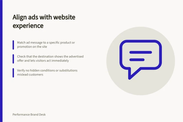 Align ads with website experience: Match ad message to a specific product or promotion on the site; Check that the destination shows the advertised offer and lets visitors act immediately; Verify no hidden conditions or substitutions mislead customers. Matching acquisition messages with the website experience