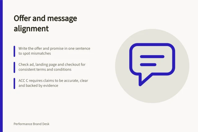 Offer and message alignment: Write the offer and promise in one sentence to spot mismatches; Check ad, landing page and checkout for consistent terms and conditions; ACC C requires claims to be accurate, clear and backed by evidence. Offer and message alignment
