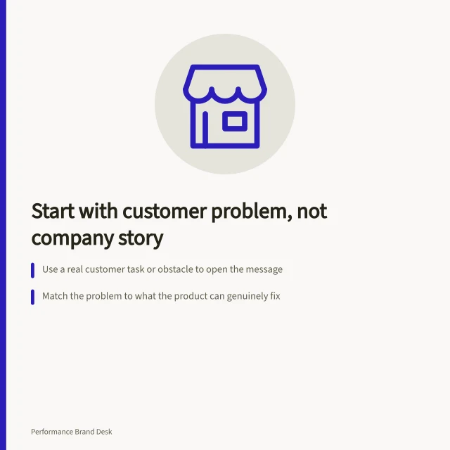 Start with customer problem, not company story: Use a real customer task or obstacle to open the message; Match the problem to what the product can genuinely fix; Name the product early to avoid confusion. Opening with a customer problem rather than company history