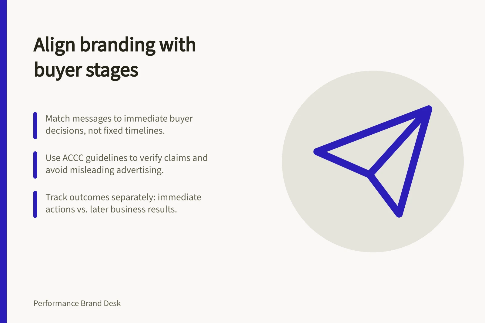 Align branding with buyer stages: Match messages to immediate buyer decisions, not fixed timelines.; Use ACCC guidelines to verify claims and avoid misleading advertising.; Track outcomes separately: immediate actions vs. later business results.