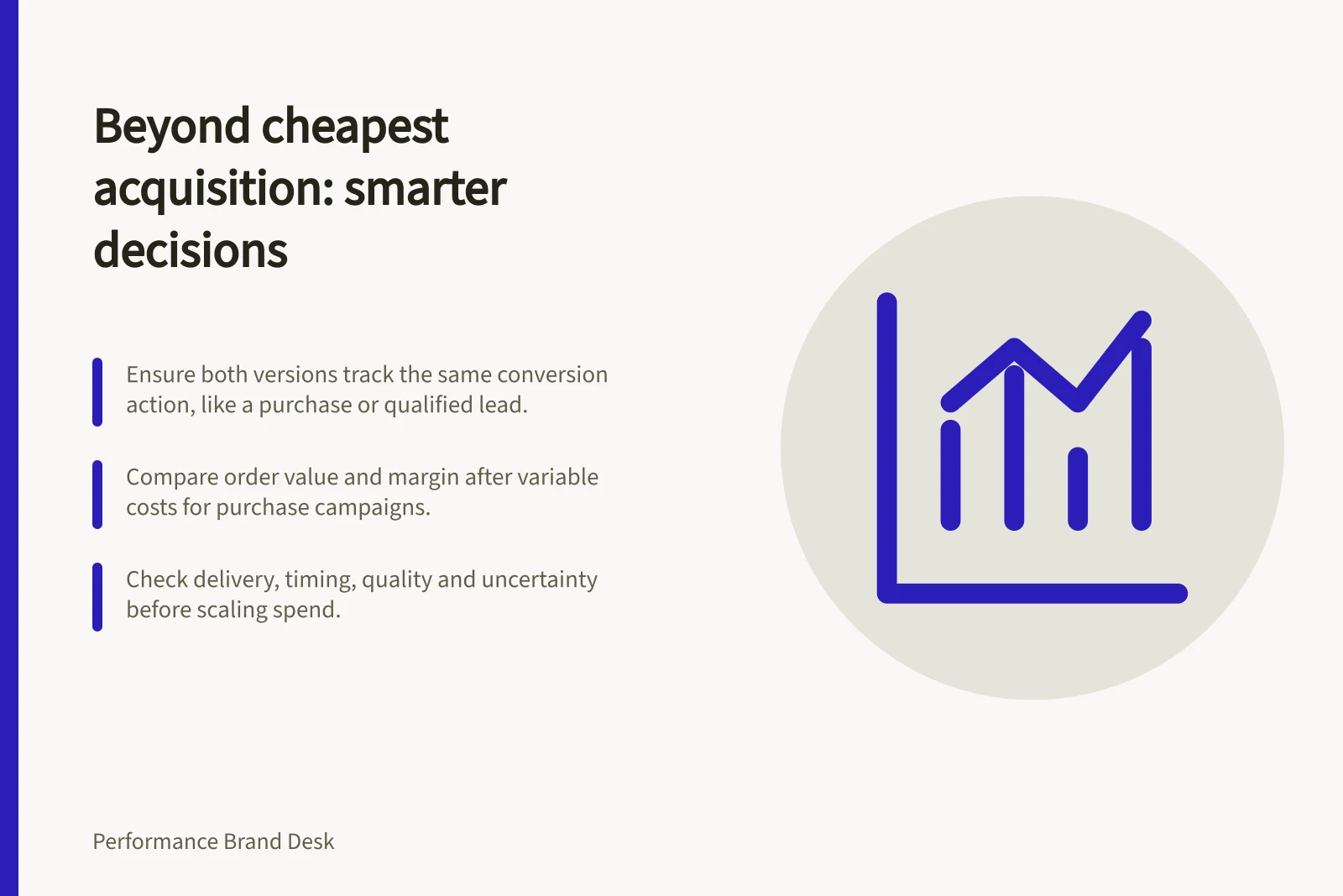 Beyond cheapest acquisition: smarter decisions: Ensure both versions track the same conversion action, like a purchase or qualified lead.; Compare order value and margin after variable costs for purchase campaigns.; Check delivery, timing, quality and uncertainty before scaling spend.