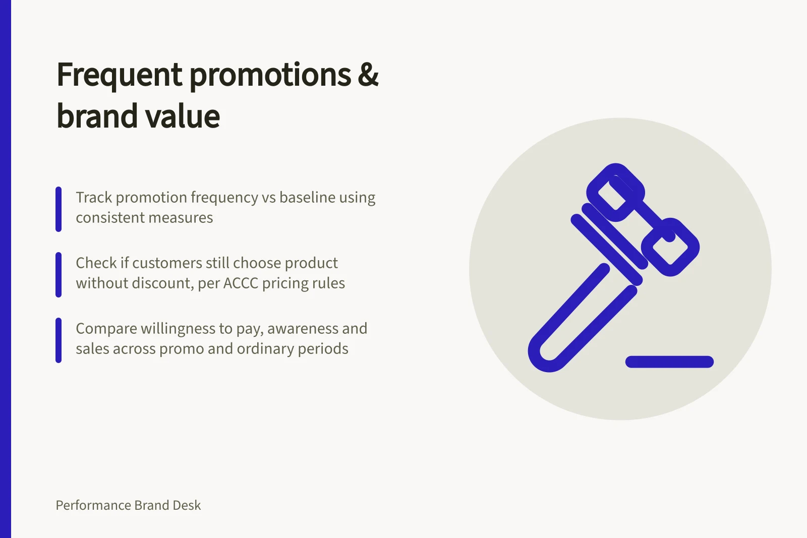 Frequent promotions & brand value: Track promotion frequency vs baseline using consistent measures; Check if customers still choose product without discount, per ACCC pricing rules; Compare willingness to pay, awareness and sales across promo and ordinary periods