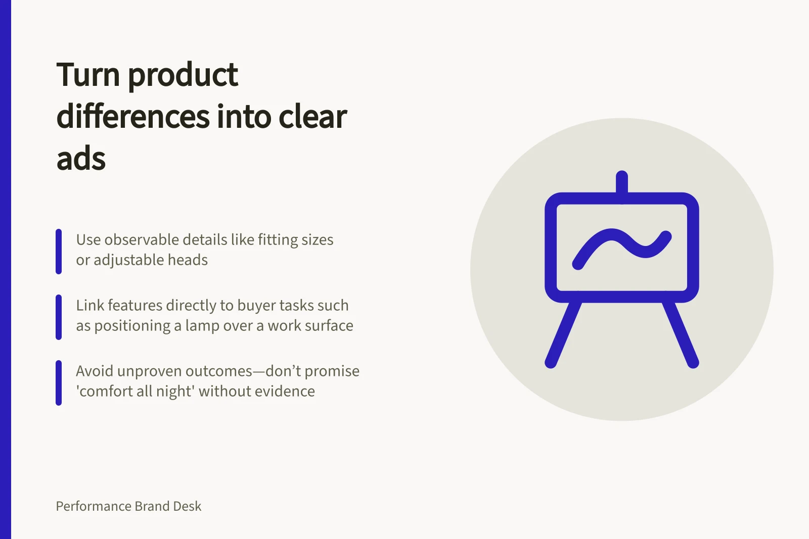 Turn product differences into clear ads: Use observable details like fitting sizes or adjustable heads; Link features directly to buyer tasks such as positioning a lamp over a work surface; Avoid unproven outcomes—don’t promise 'comfort all night' without evidence